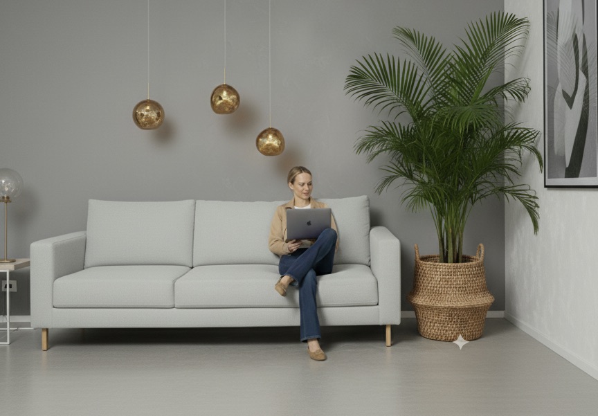 Ich sitze auf einem Sofa mit Mac Book